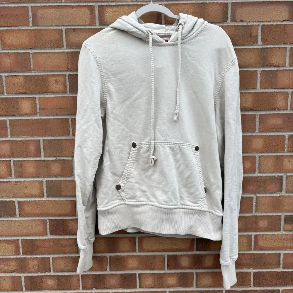 Y2K True Religion M Graphic Print Hoodie Sweatshirt Cream Streetwear Vtg Flaws